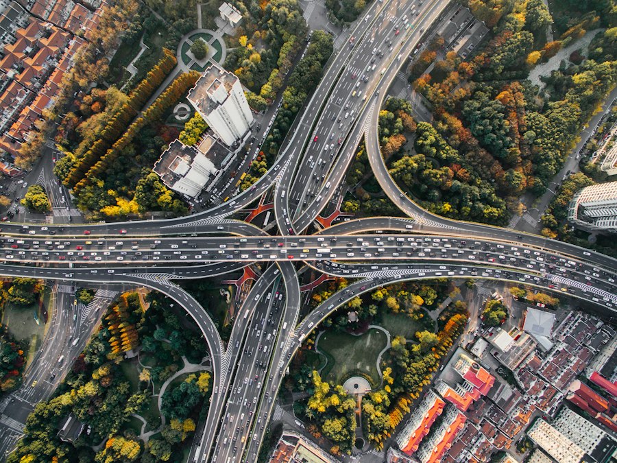 Aerial view of multi-lane highway infrastructure